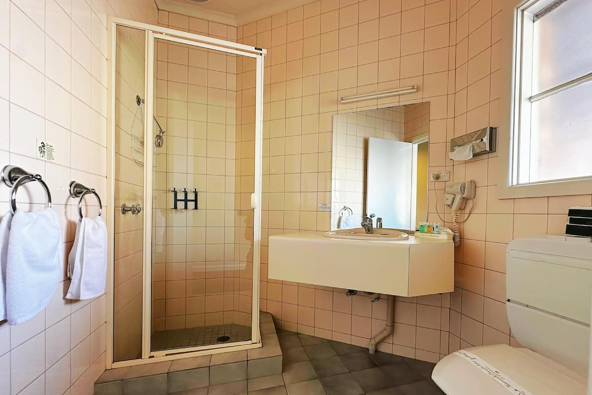 A bathroom with a glass-enclosed shower, a sink with a mirror above it, and a toilet.