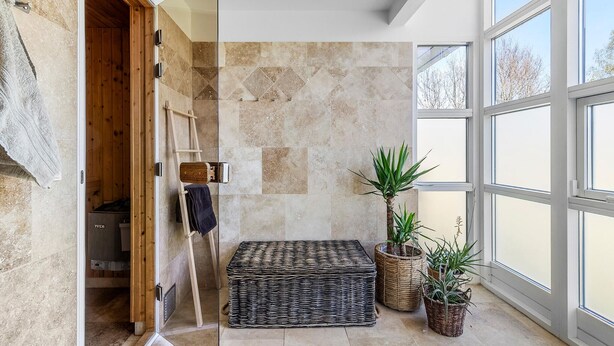 A modern bathroom with stone tiles, a wooden ladder, a woven mat, and potted plants. - Cozy home in Vejby with sauna (Vejby)