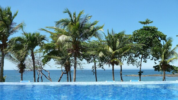 Piscina azul cristalina con palmeras y vista al océano.