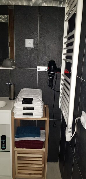 Shower, hair dryer, towels, soap