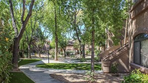 A pathway lined with trees and a building with a stone facade. - Kid Friendly 2-bedroom condo in Scottsdale with Pool, Hottub, fitness room, WiFi (Scottsdale)