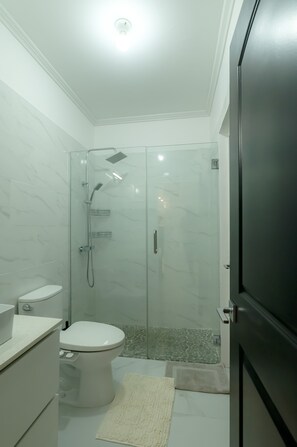 Hair dryer, towels, soap