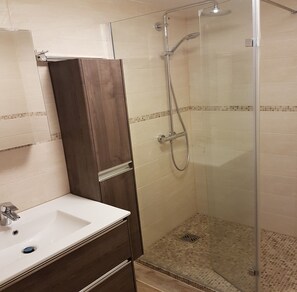 Shower, hair dryer, towels, toilet paper