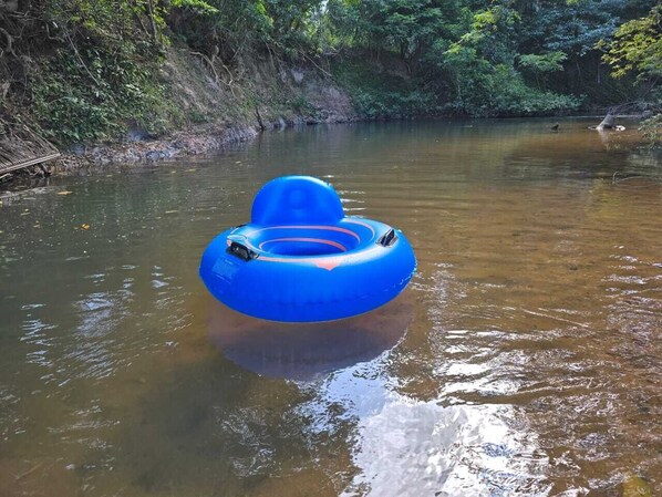 Un flotador azul en un río tranquilo rodeado de abundante vegetación.