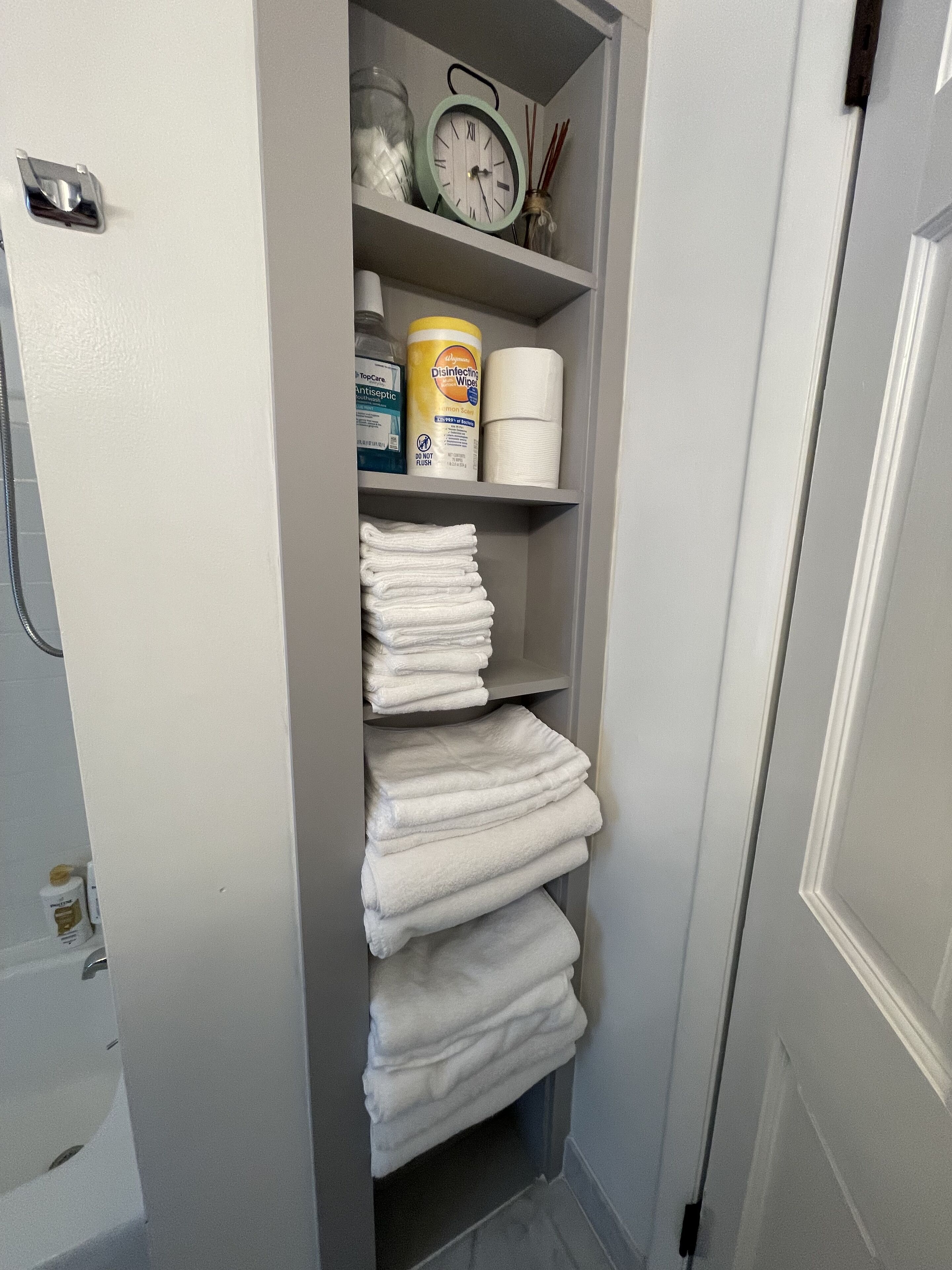 Hair dryer, towels, soap, toilet paper