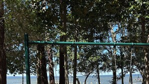 Un parque con columpios, una mesa de picnic y vistas al mar.