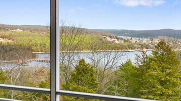 A view from a window overlooking a lake with buildings in the distance and trees in the foreground.