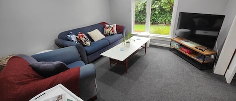 Een televisie en een open haard