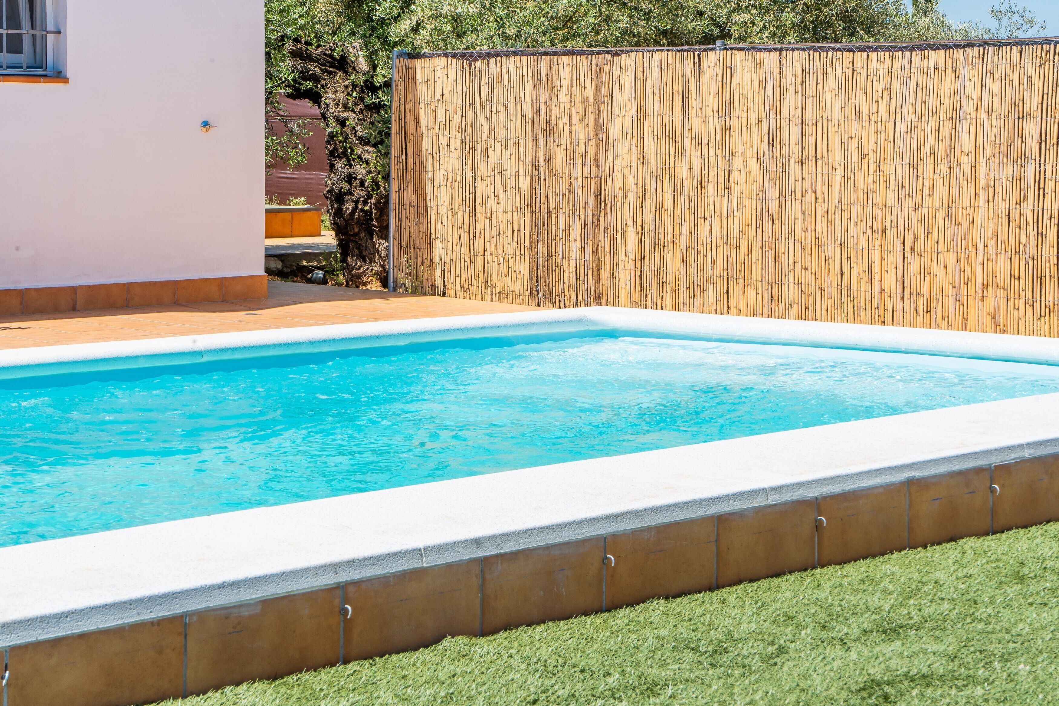 Una piscina rectangular con una cerca de bambú al fondo.