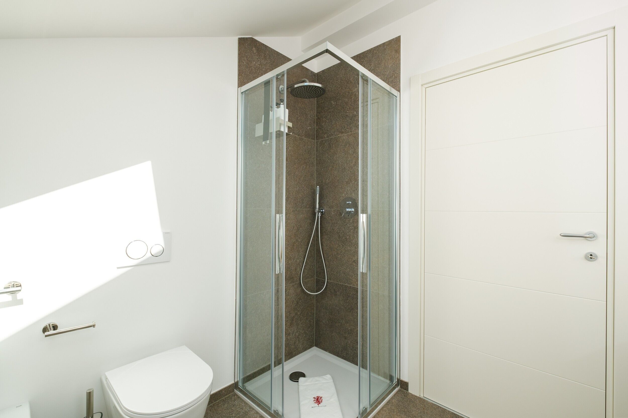 A modern bathroom with a glass-enclosed shower, a white toilet, and a door with a handle.