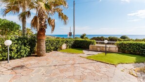 Ein gepflasterter Weg führt zu einer Rasenfläche mit einer Palme und Blick auf das Meer.