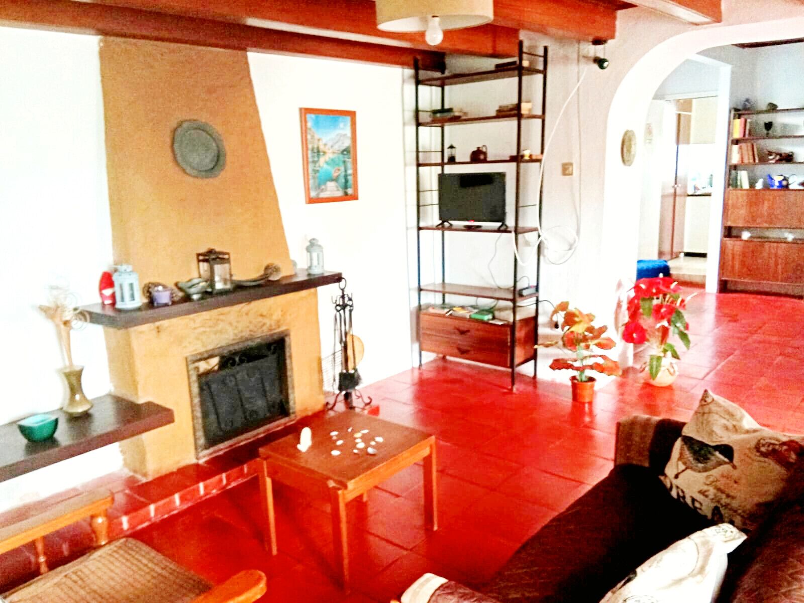 Una televisión, una chimenea