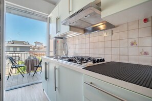 Fridge, microwave, stovetop, high chair