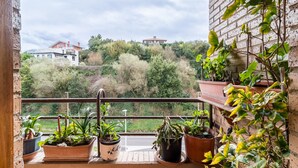 Ein Balkon mit Blumentöpfen, Blick auf eine Hügelkuppe mit Häusern und eine Backsteinmauer.