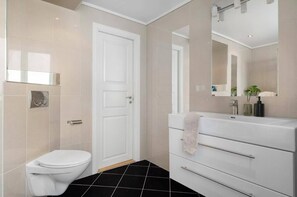 Hair dryer, towels, soap, toilet paper