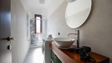 Shower, hair dryer, bidet, towels