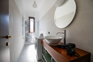 Shower, hair dryer, bidet, towels