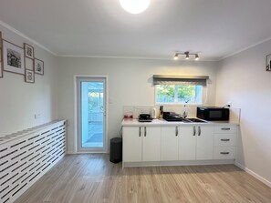 Fridge, microwave, oven, electric kettle