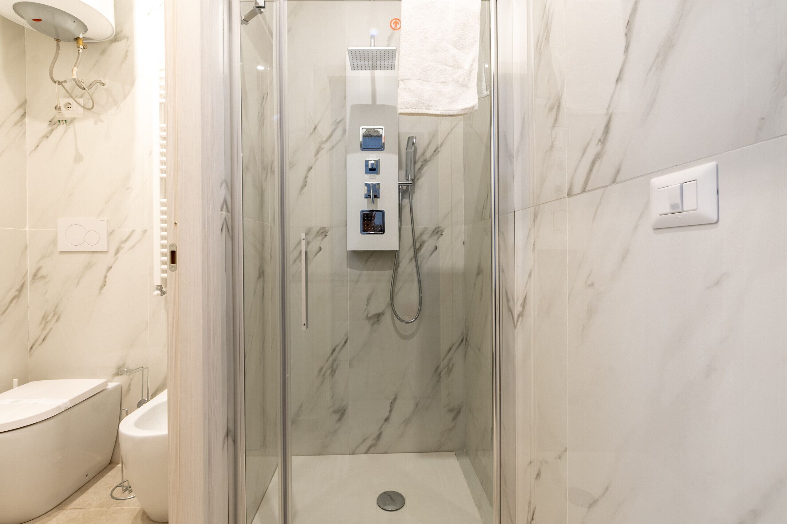 Shower, hair dryer, towels