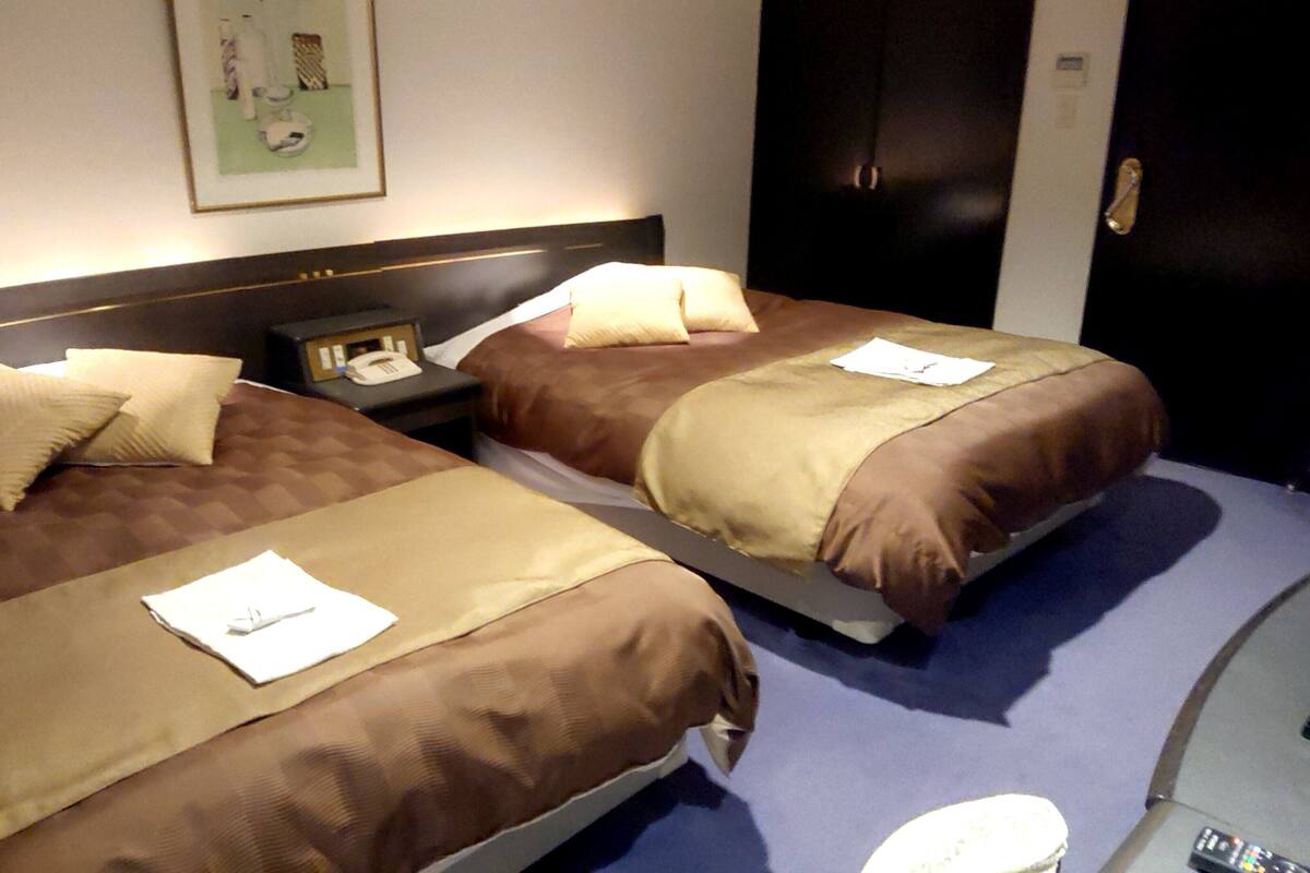 Deux lits avec une literie marron, une table de chevet avec un téléphone et un tableau encadré au mur.
