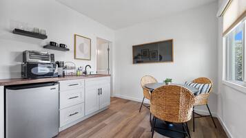 Fridge, microwave, coffee/tea maker, toaster