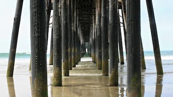 A pier extending into the water with a clear view of the ocean and beach.