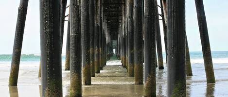 A pier extending into the water with a clear view of the ocean and beach.