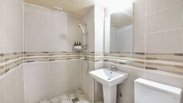 Shower, free toiletries, hair dryer, towels