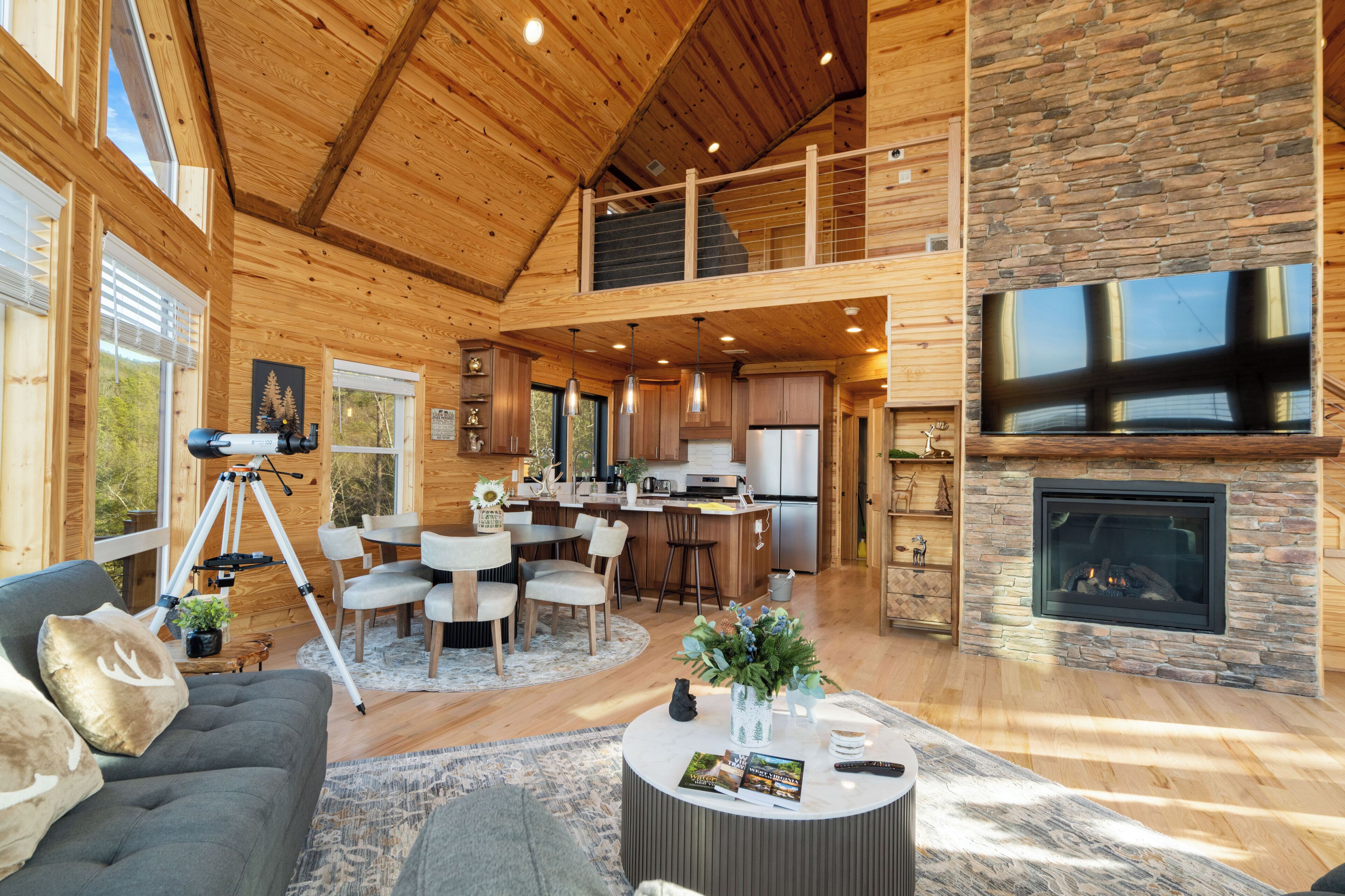 Smart TV, fireplace, table tennis, books