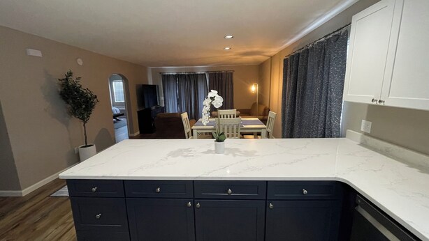 A modern kitchen with dark cabinetry, a marble countertop, and recessed lighting.