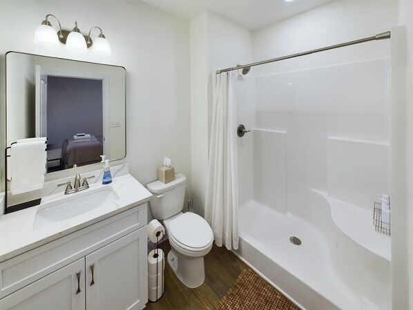 A modern bathroom with a white sink, mirror, toilet, and shower. - PIckens Place Unit B (Pickens)