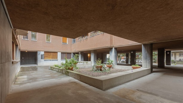 Une cour spacieuse dotée d’un sol en béton, de plantes en pot et d’un espace salon central.