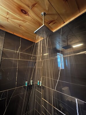 Douche, séchoir à cheveux, serviettes fournies, savon