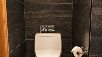 A toilet with a sign instructing not to throw anything other than toilet paper.