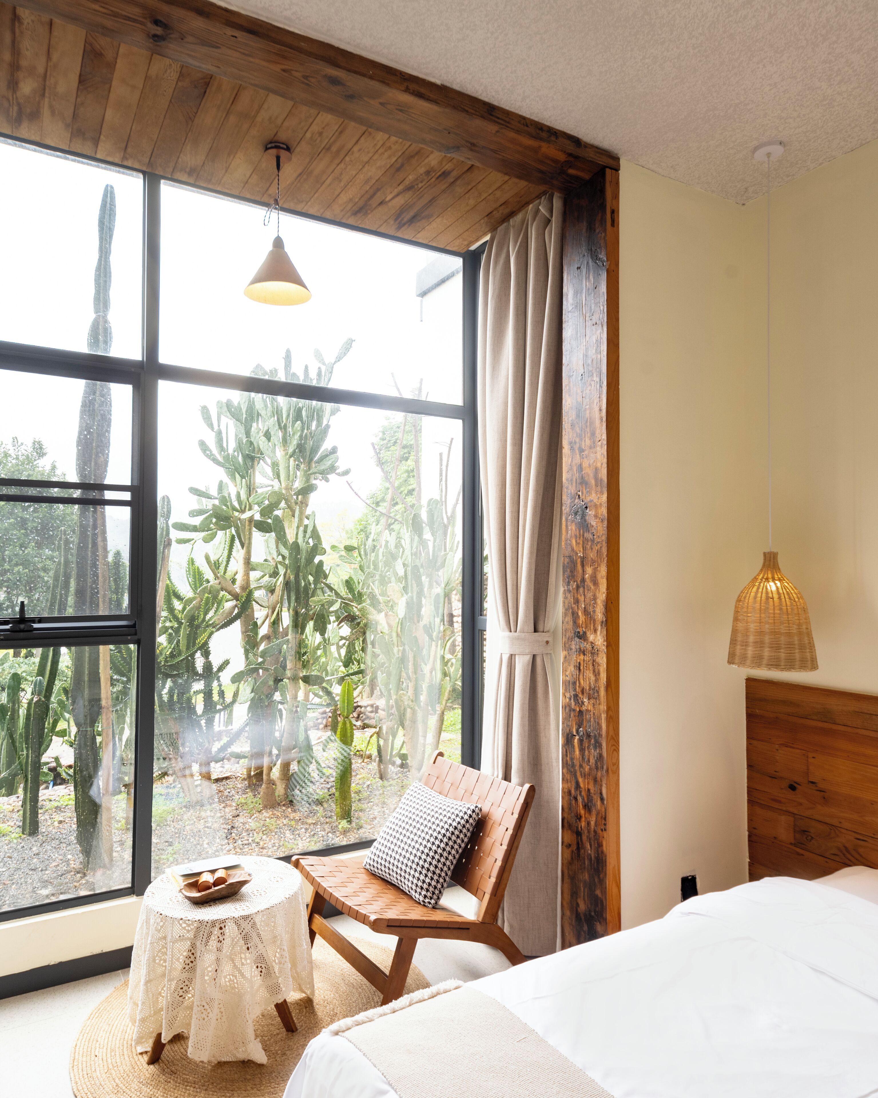 A room with a bed, a wooden chair, a small table with a bowl of fruit, and a view of cacti through large windows.