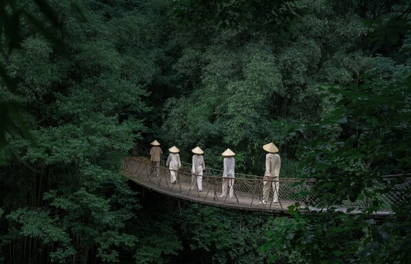 Uma ponte suspensa com pessoas caminhando, cercada por uma floresta densa.