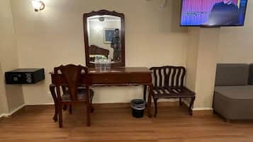 In-room safe, desk, laptop workspace, soundproofing