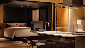 Desk, laptop workspace, blackout drapes, iron/ironing board