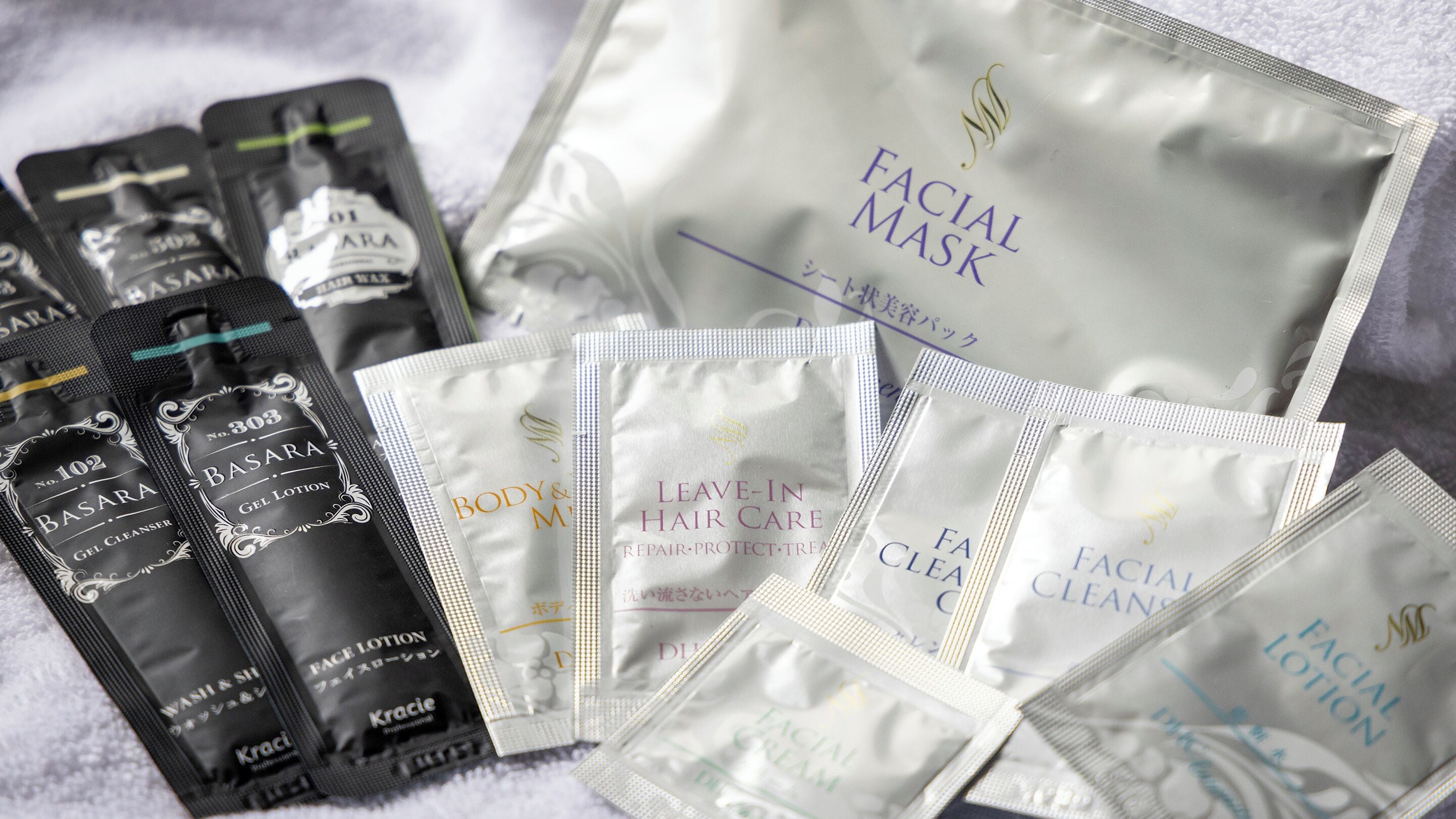 Various skincare and haircare products including facial masks, gel lotions, and leave-in hair care items.