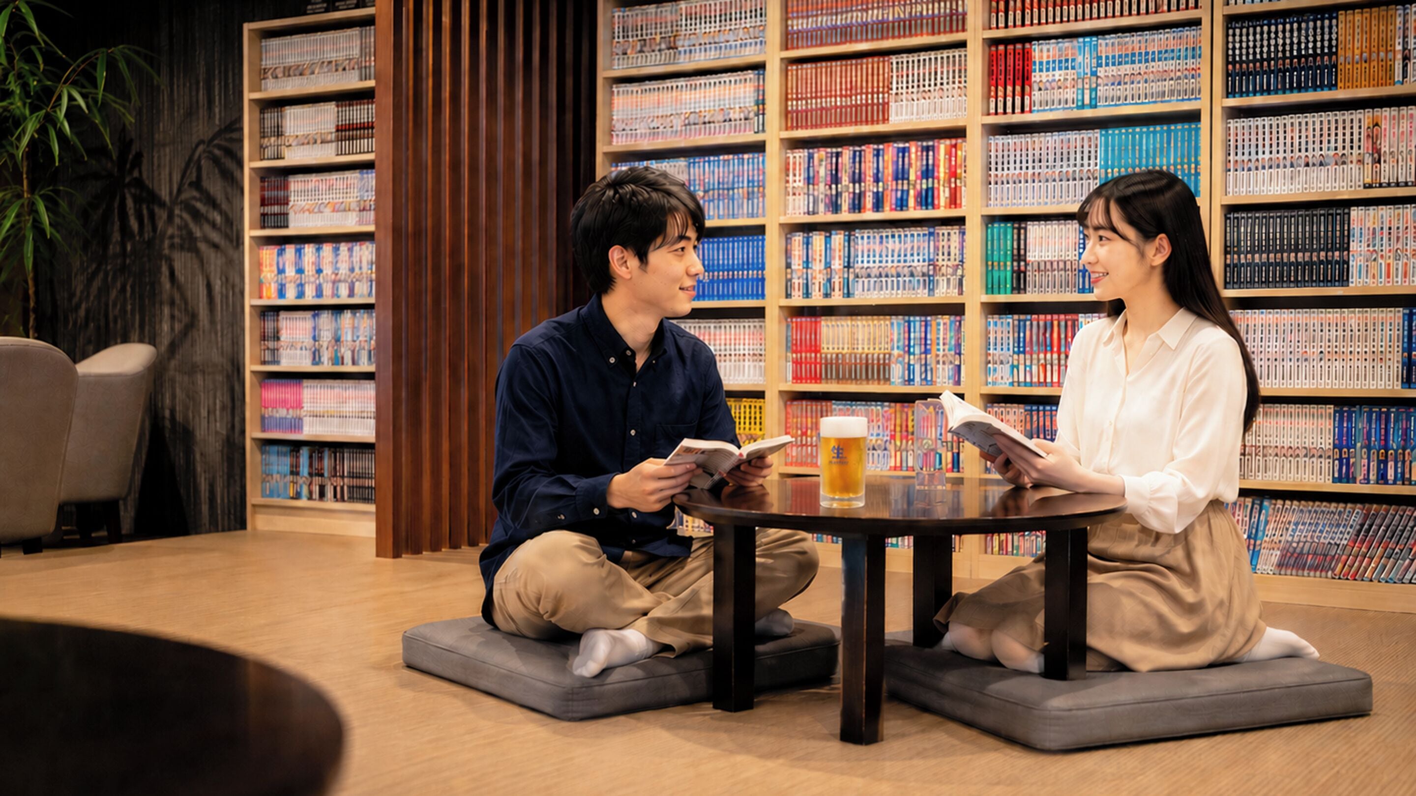 Two people sitting on floor cushions at a round table with a book and a glass of beer, surrounded by bookshelves in a library setting.