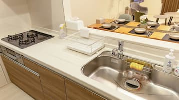 Kühlschrank, Mikrowelle, Herdplatte, Kochgeschirr/Geschirr/Besteck