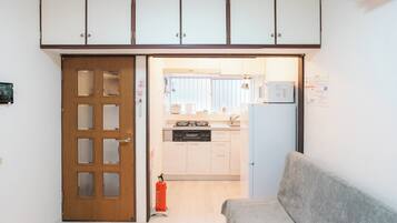 Fridge, microwave, stovetop, electric kettle