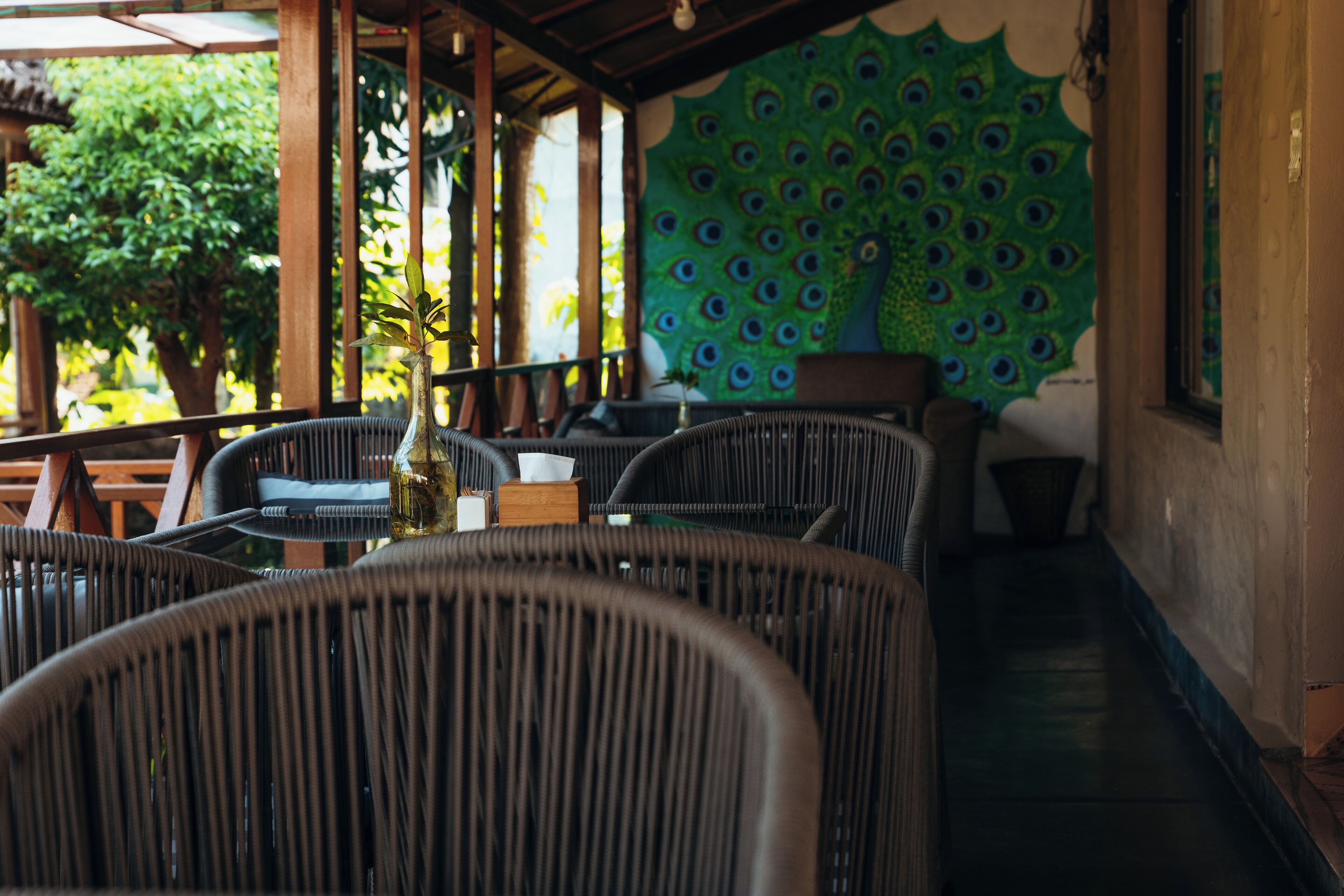 A covered outdoor seating area with wicker furniture and a peacock mural on the wall.
