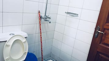 Shower, towels, soap, toilet paper