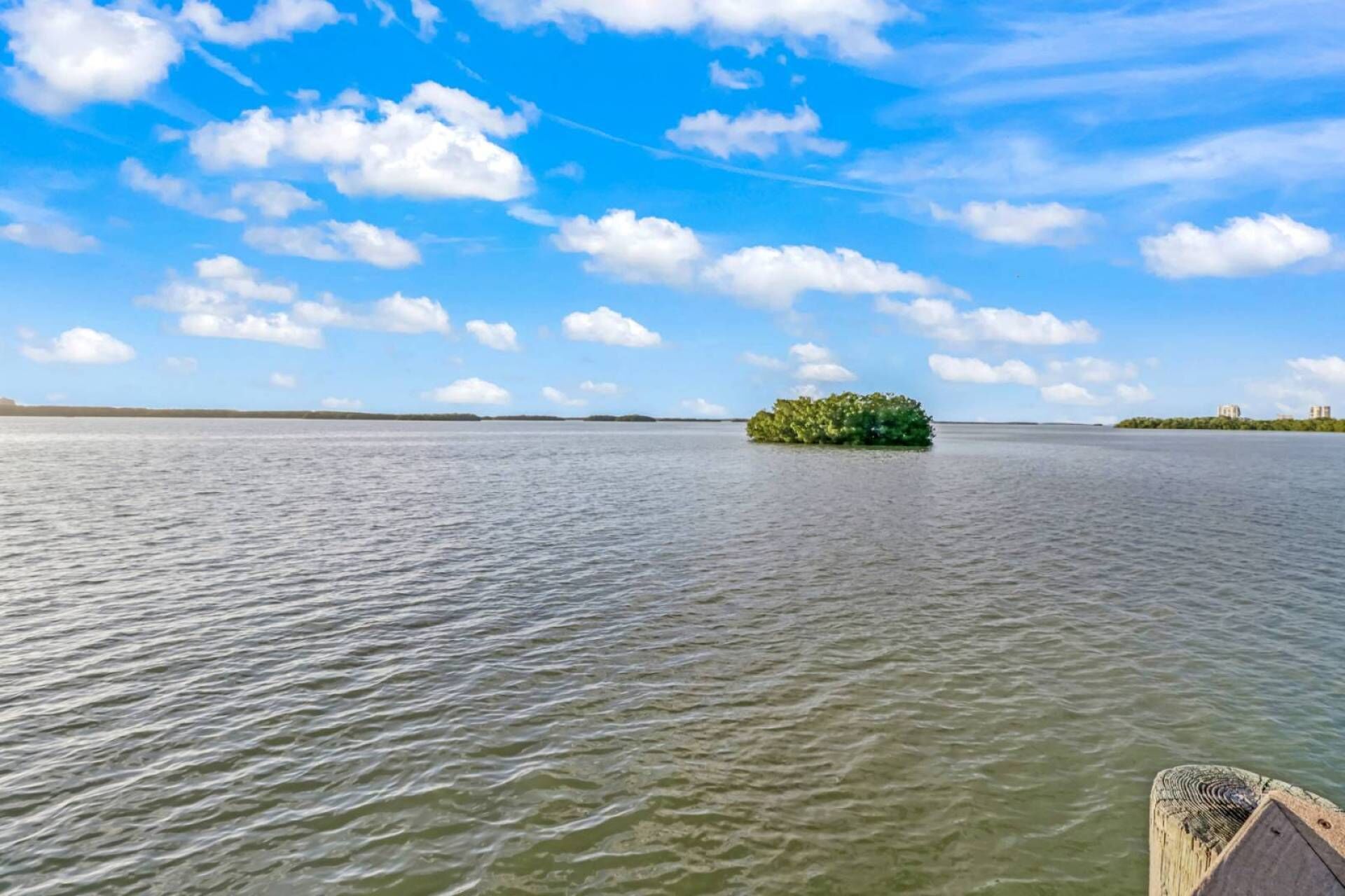 A calm body of water with a small island in the center.