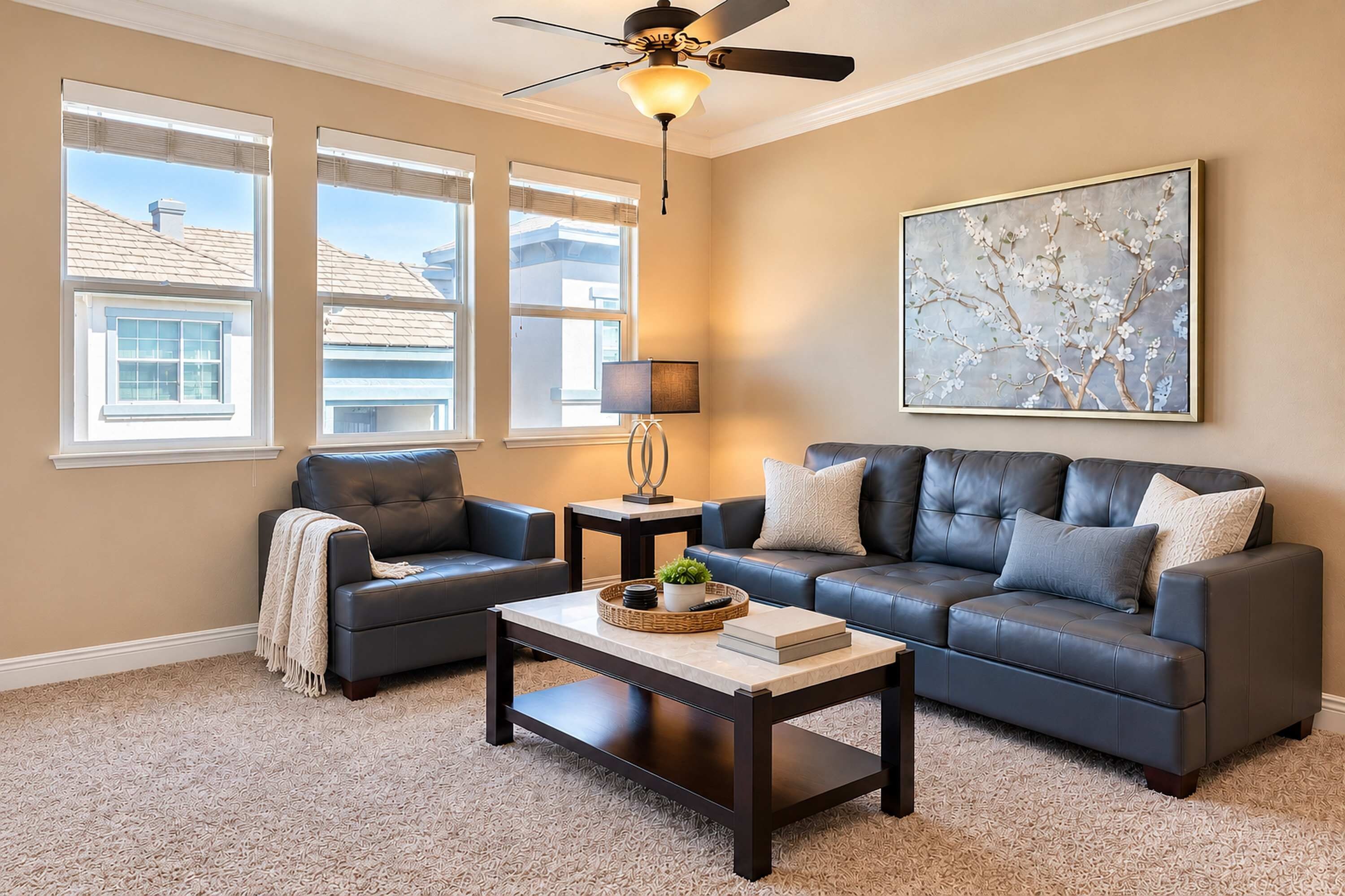 Bright living room with a plush leather sofa set, ceiling fan and big sunny windows.