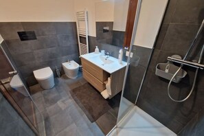 Shower, hair dryer, bidet, towels