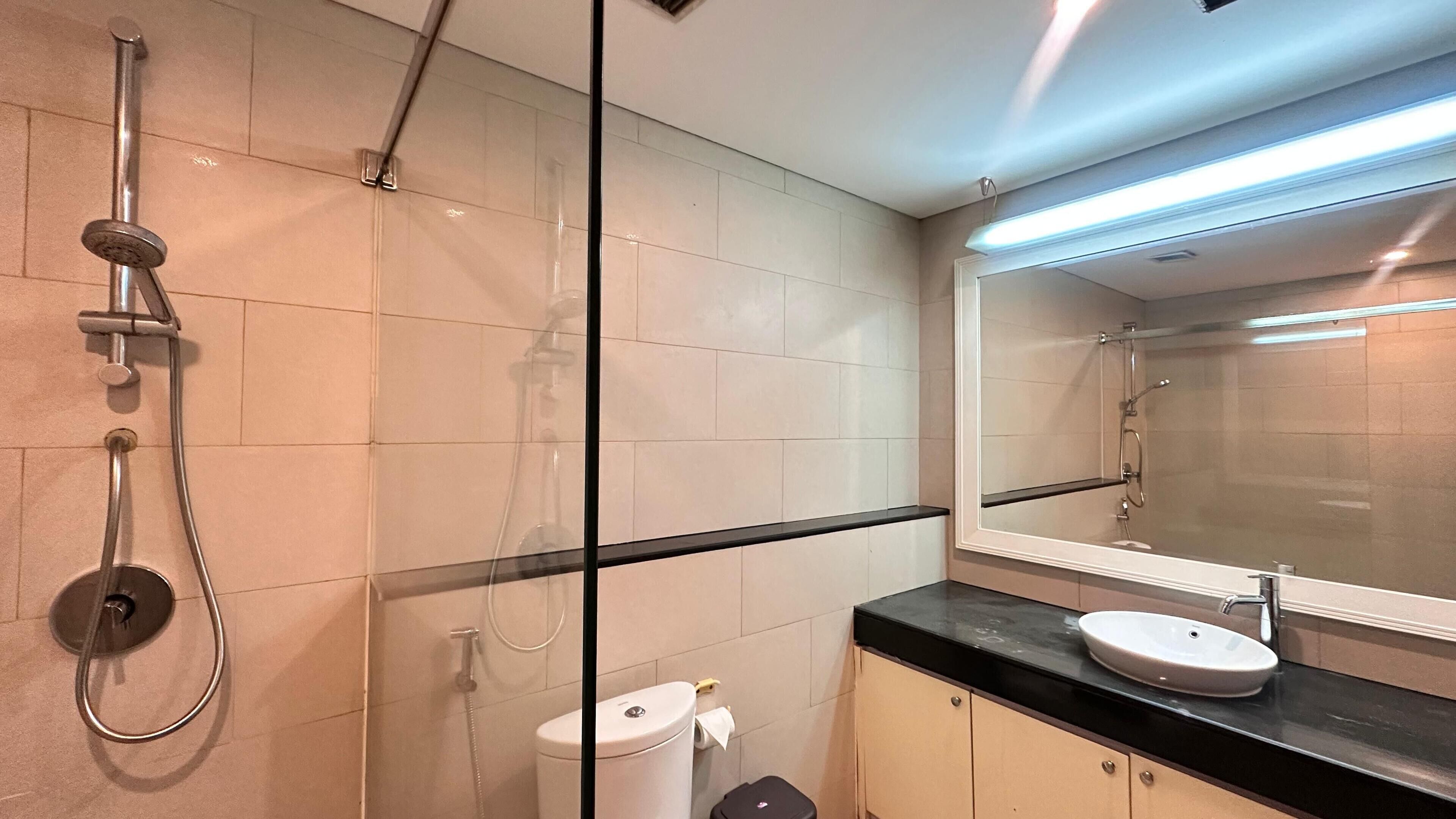 A modern bathroom with a glass shower enclosure, a toilet, and a sink with a mirror above it.