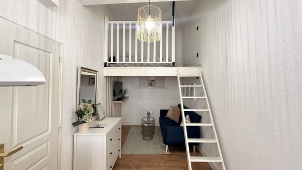 A compact room with a loft bed, a desk, and a ladder.