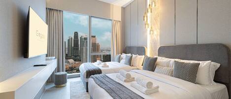 A modern hotel room with a large bed, a TV, and a city view.